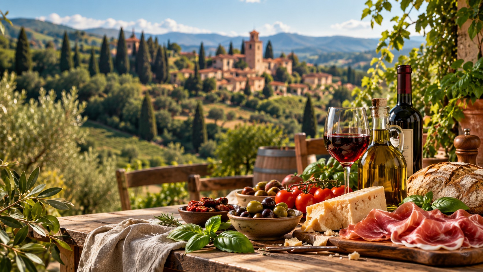 Italienische Feinkost vor toskanischer Landschaft